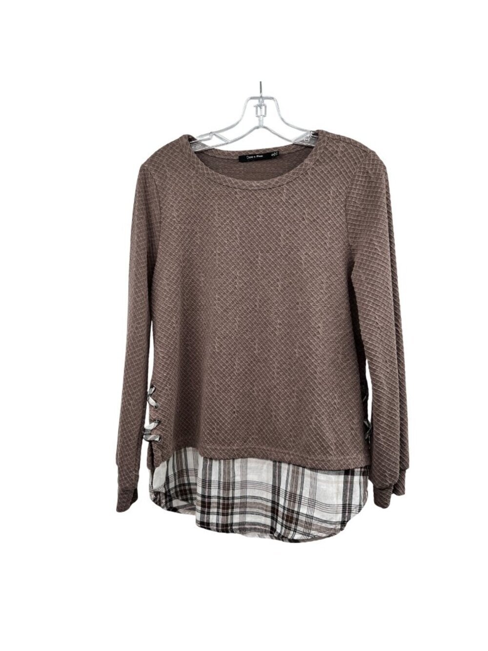 Doe & Rae Womens Textured Pullover Top Mauve/Plaid Size Small
